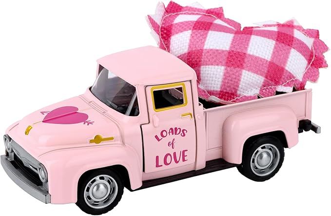 Valentine's Day Mini Metal Truck Romantic Love Model with Pink Hearts Vintage Metal Farm Pickup Truck Farmhouse Tiered Tray Decor for Farmhouse Shelf Kitchen Table Home Decor