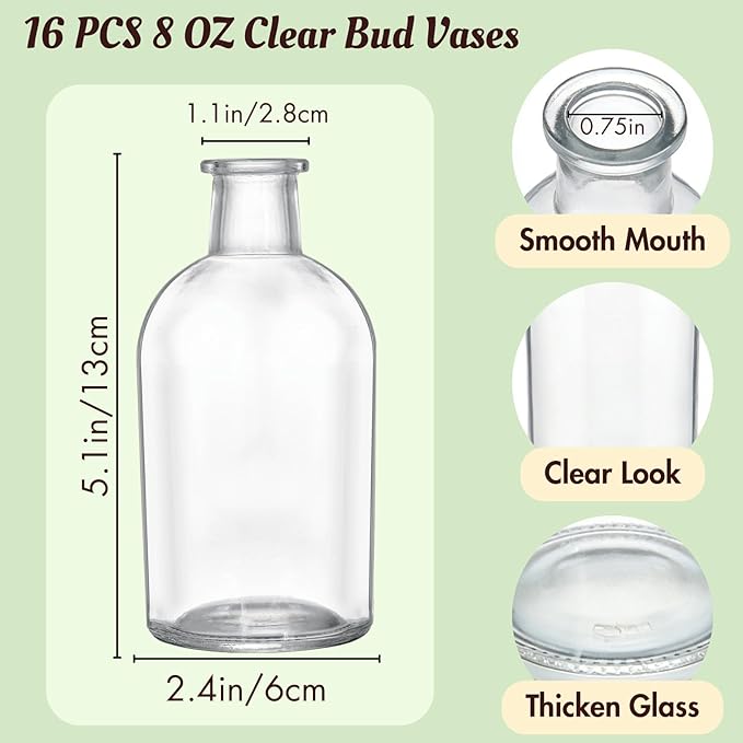 YOUEON 16 Pack Clear Glass Bud Vases, Small Bud Vases in Bulk, Glass Flower Vases for Centerpieces, Vintage Decorative Bottle Vases for Flowers, Home Decor, Wedding Reception, Office