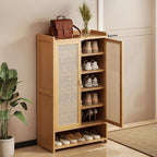 SACSTAR Shoe Storage Cabinet 23.6" L x 12.6" W x 36.6" H Compact Entryway Shoe Rack with 2 Doors & 5 Shelves, Natural Bamboo & Rattan Design Ideal Shoe Organizer for Small Spaces
