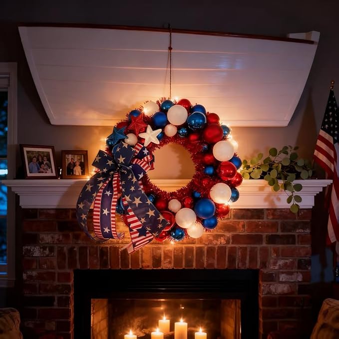 HipTree 16 Inch Patriotic Ball Wreath for Front Door with Lights, 4th of July Wreath with Red White Blue Stars & Ribbon for Memorial Day, Independence Day,Veterans Day, Flag Day,Summer Decorations