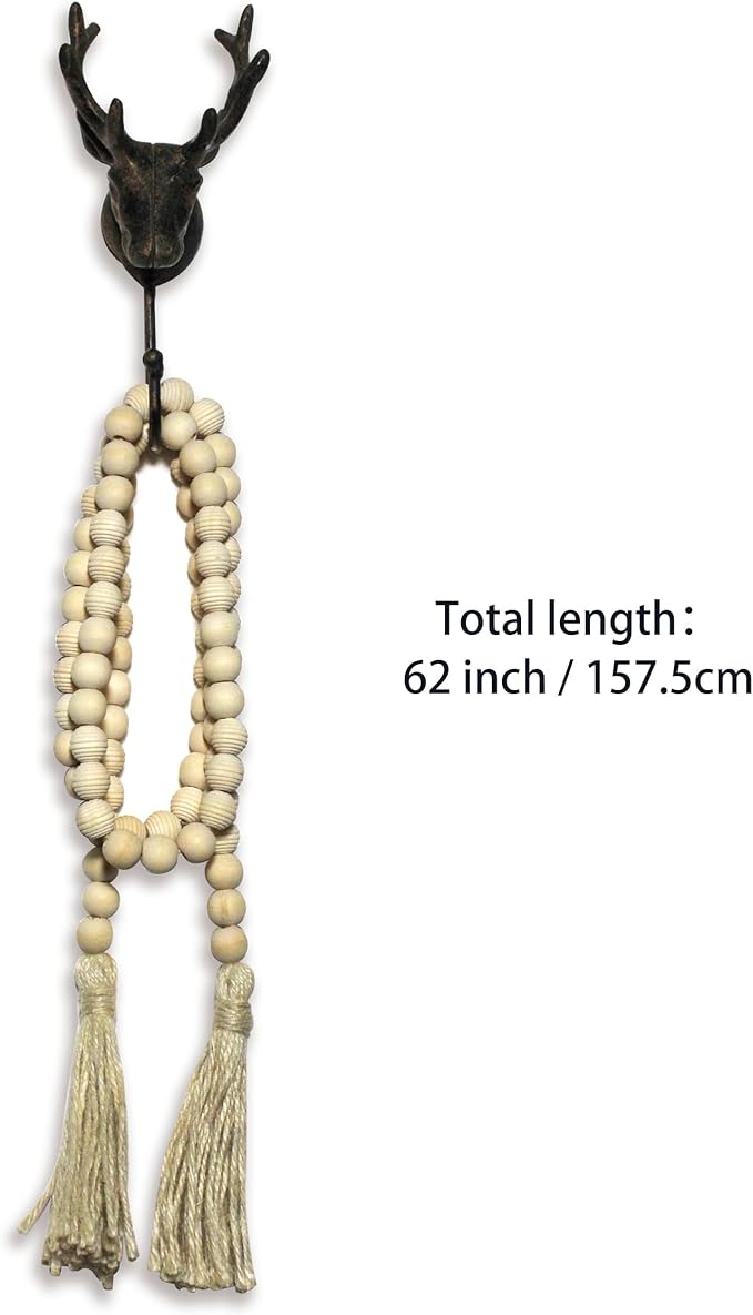 Farmhouse Decor Beads 60in Wooden Bead Garland with Tassels Rustic Minimalist Home Accent Prayer Country Boho Decoration for Wall Hanging Living Room Table Mantle Shelf Decor (Natural-style2)