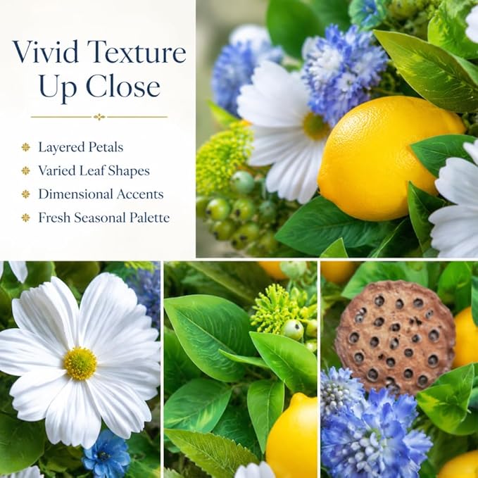 Spring Summer Wreaths for Front Door 24 Inch,Summer Wreath with Artificial Lemon,Daisy,Hydrangea & Lotus Pods,Door Wreath for Indoor Outdoor Farmhouse Home Decor