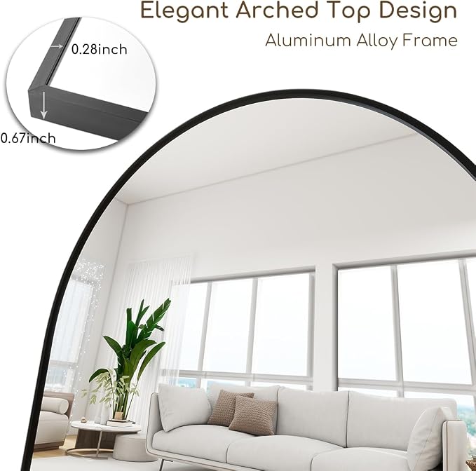 Prywot Arched Floor Mirror, 64 "x 21" Full Length Mirror Wall Mirrors Hanging or Leaning Arched-Top Full Body Mirrors with Stand for Bedroom, Dressing Room, Black