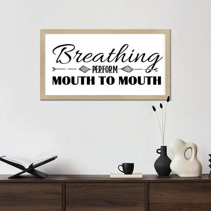 Chic Style Encouragement Quote Hanging Wall Sign with Bible Quotes Breathing Perform Mouth to Mouth Beige Frame Wooden Plaque for Washroom Farmhouse Cottage Porch Wall Decor Housewarming Gift 12x22in