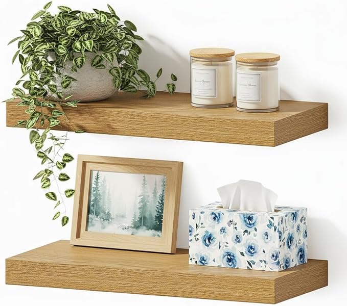 Vivelove Floating Shelves for Wall Mounted, 16 inchs Shelf for Small Bathroom, Bedroom, Living Room, Kitchen, Modern Home Decor, Rustic Farmhouse Wall Shelves with Invisible Brackets - Set of 2, Oak