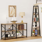 BON AUGURE Corner Ladder Shelf, 5 Tier Metal Wood Corner Bookshelf, Tall Shelving Unit Shelf Plant Stand for Living Room, Home Office, Bathroom (Vintage Oak)