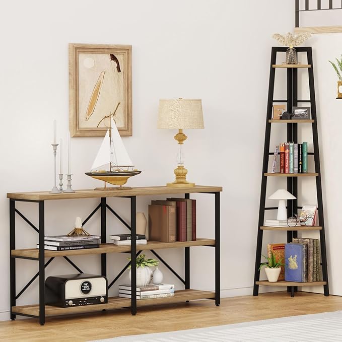 BON AUGURE Corner Ladder Shelf, 5 Tier Metal Wood Corner Bookshelf, Tall Shelving Unit Shelf Plant Stand for Living Room, Home Office, Bathroom (Vintage Oak)