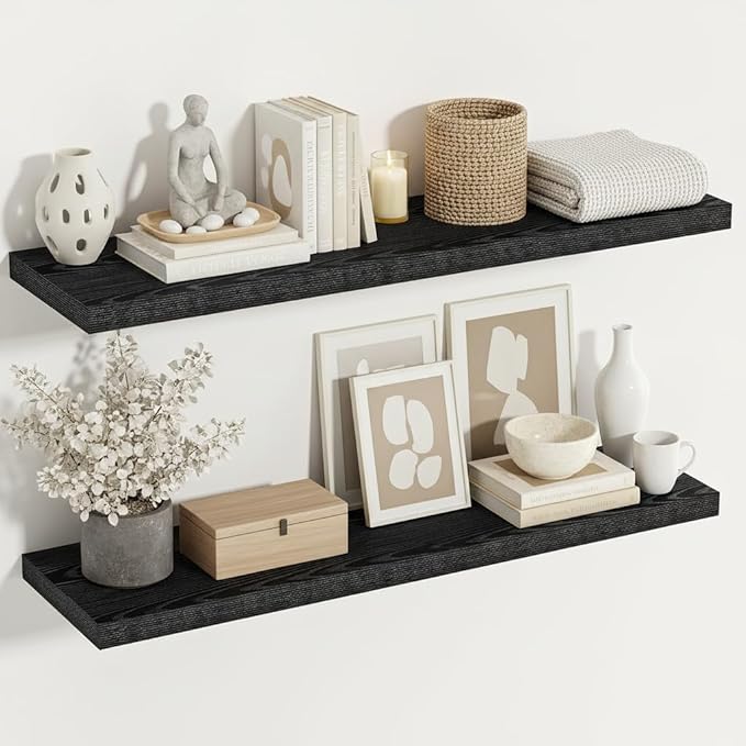 Vivelove Black Floating Shelves for Wall 48 Inches Wide, 12" Deep Wall Shelves for Bedroom, Bathroom, Living Room, Kitchen, Office, Home Decor Shelf with Invisible Brackets, 48X12X1.5 Set of 2