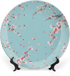 Japanese Spring Theme Decorative Ceramic Plate Round Porcelain Plate,Sakura Tree Branches Pattern,for Decorative Ornaments Giving Plates, 1 Plate with 1 Display Stand,Blue Pink,8 inch