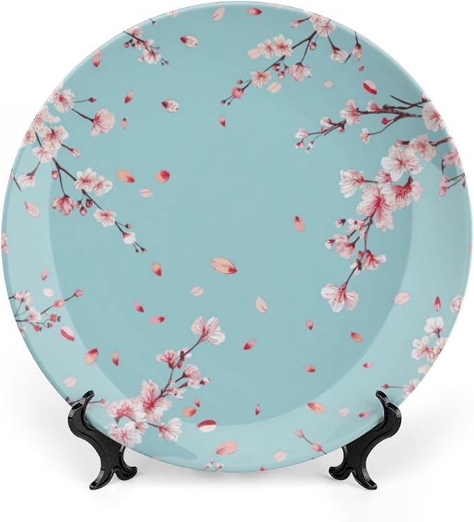 Japanese Spring Theme Decorative Ceramic Plate Round Porcelain Plate,Sakura Tree Branches Pattern,for Decorative Ornaments Giving Plates, 1 Plate with 1 Display Stand,Blue Pink,10 inch