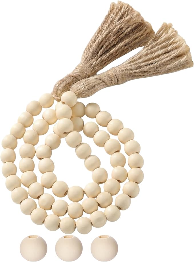 Equsion Seasonal Wooden Bead Garland with Tassels, 3.3 ft Holiday Vintage Boho Bead Garland Easter Tray Decoration, Vase Wall Room Art Birthday Party Decoration(Beige)