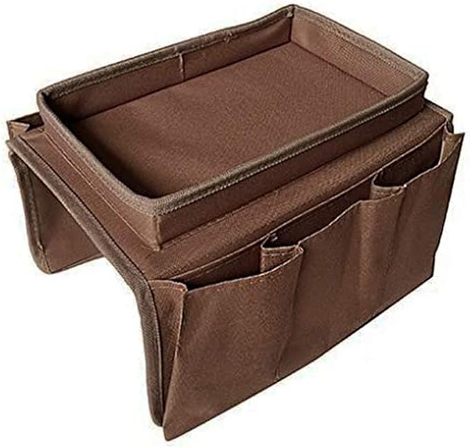 Sofa Armrest Organizer, Couch TV Remote Storage Organizer with Pockets for Recliner Armchair Snacks Glasses Smartphone Magazines Pouch (Brown)
