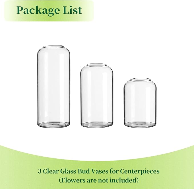 Glass Bud Vases for Flowers - Hewory Blown Modern Small Glass Vases for Centerpieces Set of 3, Mini Clear Bulk Flower Vases for Wedding Party Events Home Decor Floral Arrangements (Not Include Flower)