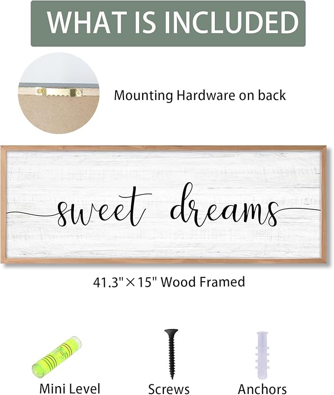 Sweet Dreams Wall Decor Above Bed 41.3''×15'' Large Farmhouse Wall Decor for Bedroom Guest Room Decor Framed Wood Wall Art Rustic Master Bedroom Wall Decoration (brown frame)