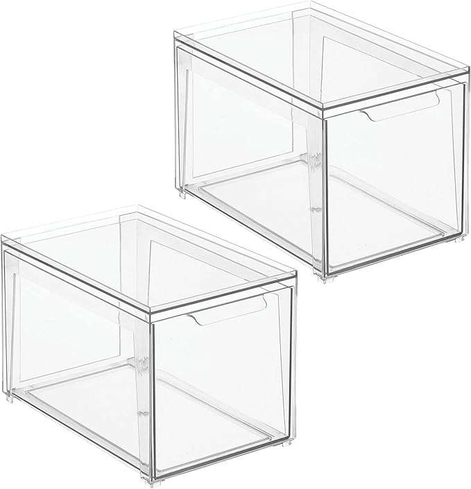 mDesign Plastic Stackable Closet Storage Organizer Bins with Pull Out Drawer for Cabinet, Desk, Shelf, Cupboard, or Dresser Organization - Lumiere Collection - 2 Pack - Clear