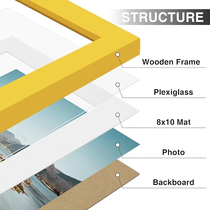 Vittanly 11x14 Picture Frames Set of 9, Shatter Resistant Plexiglass, Display 8x10 Pictures with Mat or 11x14 without Mat, Photo Frames for Wall or Tabletop, Engineered Wood, Yellow