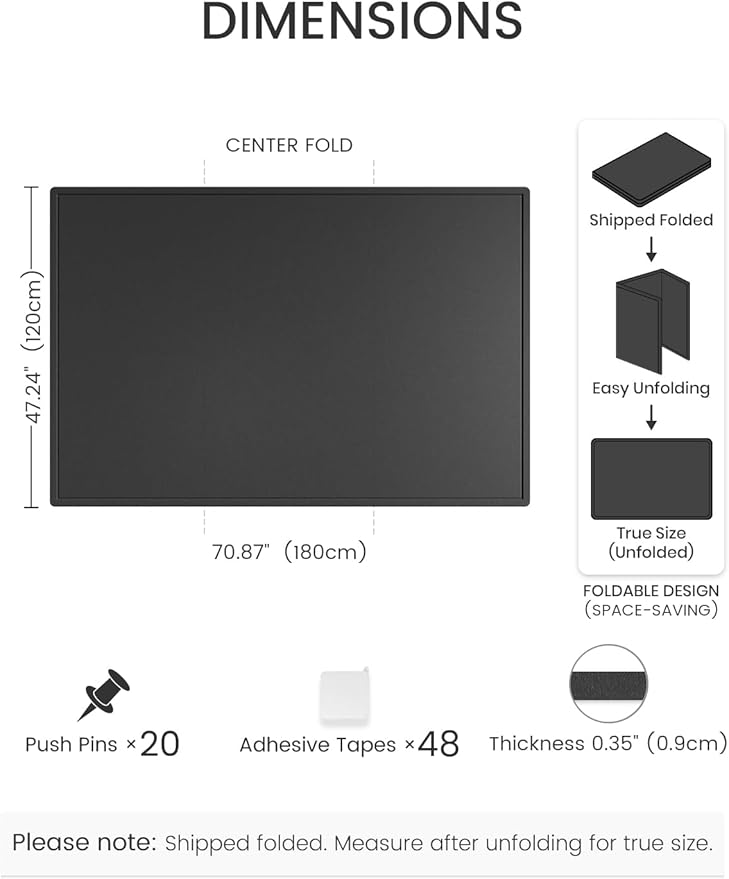 Fluxynara Large Bulletin Board, 70.8" x 47.2" Cork Board Alternative with 48 Safe Removable Adhesive Tabs, Foldable Felt Pin Board for Home Office, Classroom, Bedroom,Entryway for Walls—Black