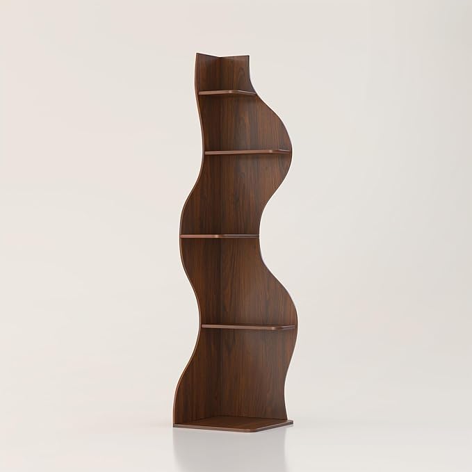 YOWOS Modern Corner Shelf, 5 Tier High Corner Bookshelf for Small Spaces, Scalloped Corner Bookshelf and Storage, Wooden Display Stand for Plants, Books and Decorations (Walnut)
