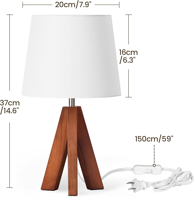 Small Tripod Table Lamps Set of 2, Modern Nightstand Lamp with Fabric Shade, Boho Bedside Wood Desk Light for Bedroom, Kids Room, Living Room, Office, Study, Dark Wood and White, LW51TLP205