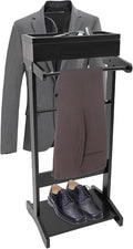 Wood Valet Stand with Power Extension, Wood Suit Rack W/Large Storage Compartment Contour Hanger Trouser Bar Tie & Belt Hooks and Shoe Rack-Black