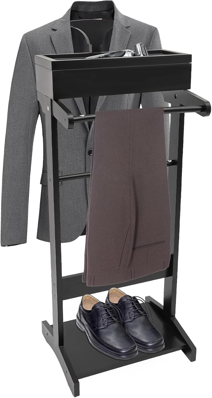 Wood Valet Stand with Power Extension, Wood Suit Rack W/Large Storage Compartment Contour Hanger Trouser Bar Tie & Belt Hooks and Shoe Rack-Black