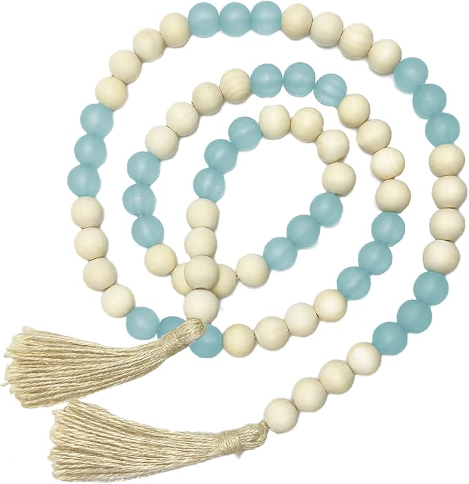 OMISHE Wood Bead Garland with Tassels 52 Inches, Handmade Wooden Beads with Round Acrylic Beads, Boho Farmhouse Wooden Decorative Beads for Home Tiered Tray Beach Decor, Light Blue