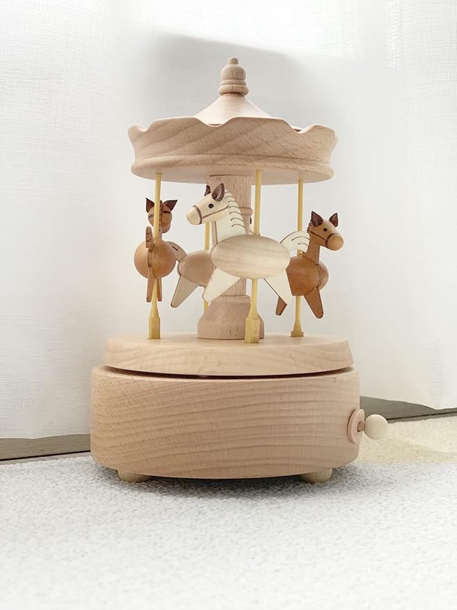Carousel Music Box, Wooden Horse Music Box for Girl Women, Christmas Birthday Gift, No Battery Home Wood Decor
