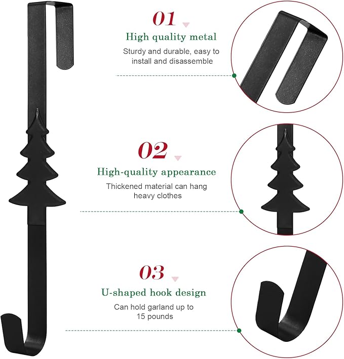15 inches Christmas Decorative Wreath Hangers for Front Door;Over the Door Hooks (Black, Christmas Tree)