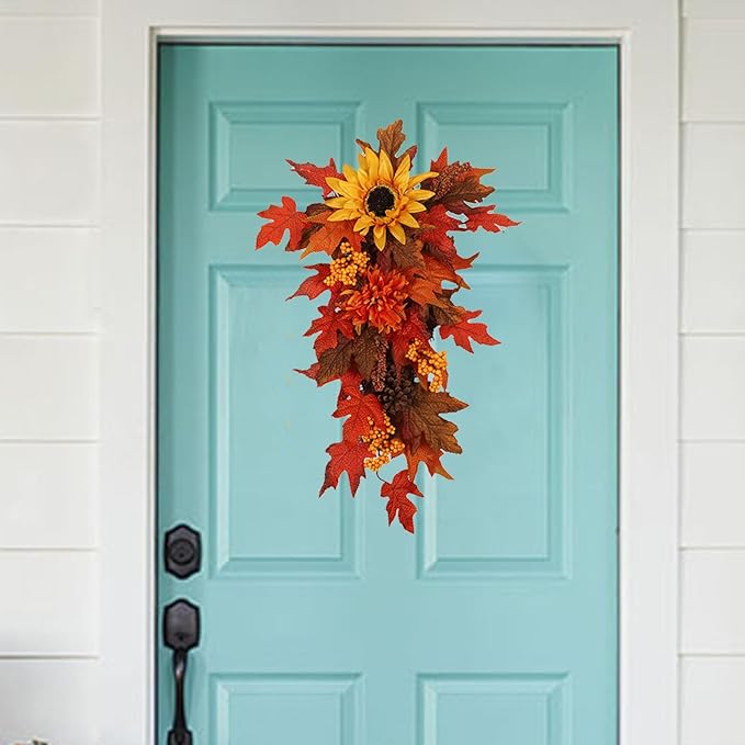 21.7Inch Artificial Fall Harvest Teardrop Swag for Front Door Orange Maple Faux Fall Leaves Hanging Vine with Pinecone Sunflower Harvest Autumn Floral Swag for Home Wall Decor