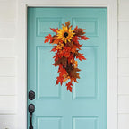 21.7Inch Artificial Fall Harvest Teardrop Swag for Front Door Orange Maple Faux Fall Leaves Hanging Vine with Pinecone Sunflower Harvest Autumn Floral Swag for Home Wall Decor
