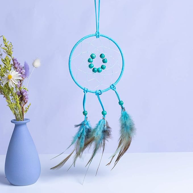 FANDOL DIY Dream Catcher Beginner Kit, Making Dream Catcher Supplies Include Metal Hoop, Feathers, Faux Suede Cord, Thread, Wood Beads (Sky Blue)