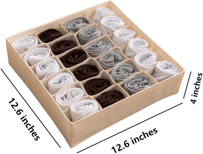 ALYER Collapsible Fabric Drawer Organizer Divider,Closet Storage Box Bins Containers for Panties,Underwear, Ties,Bras, Socks, Lingerie (Beige-24 Cells)