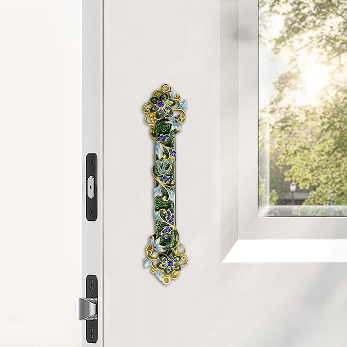 Mezuzah with Scroll for Door, Enamel&Zinc Alloy Blessing Mezuzah Case for Door, Colored Painted Mezuzha Scroll Kosher for Jewish Gifts/Jewish Decor, Christmas (Dark Green, 1.37x5.98 in)