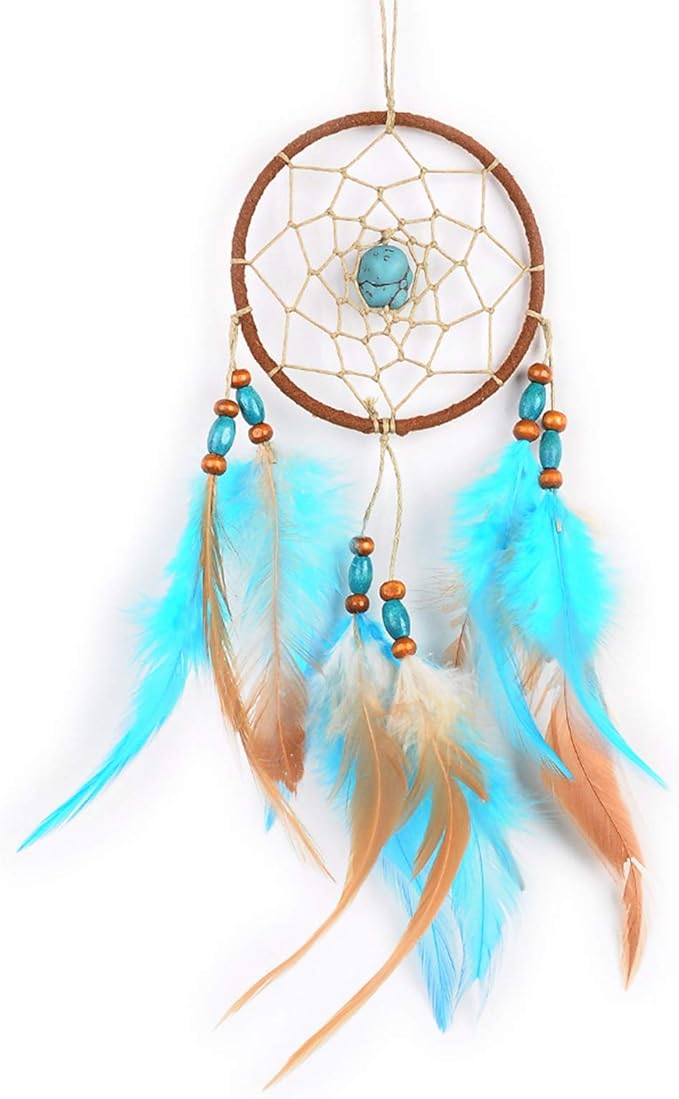 Feather Dream Catcher Pendant, Small Car Charm for Wall, Bedroom Hanging Decorations (Blue)