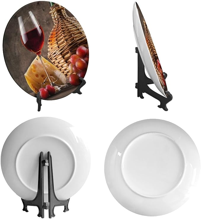 Wine Decorative Plates, 8 Inch, Cheese Grapes and Wineort Round Display Plate, Home Wobble-Plate with Display Stand, for Home Kitchen Bedroom Decorative Ornaments