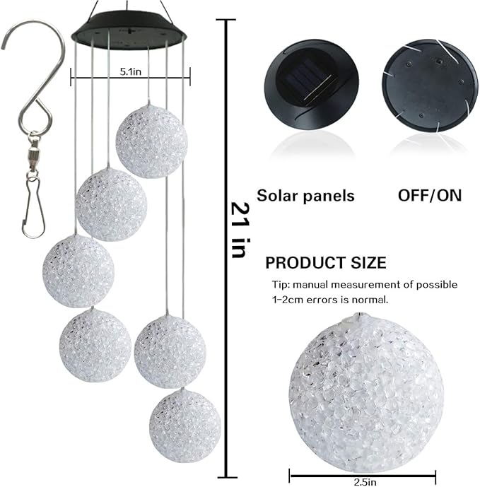 Color Changing Solar Power Wind Chime Spiral Spinner Crystal Ball Wind Mobile Portable Waterproof Outdoor Decorative Romantic Wind Bell Light for Patio Yard Garden Home (Crystal Ball)