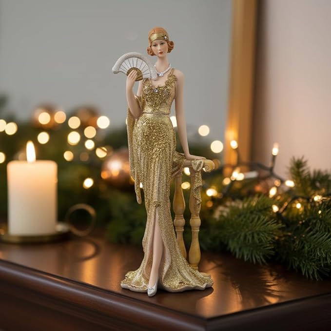 Comfy Hour 13" Glamour Elegance Victorian Art Figurine, Camille Lady with Fan Statue, Roaring 20s Art Deco Style Home Decor Accent, Polyresin Artisan Crafted Sculpture, 1 Unit (Gold)