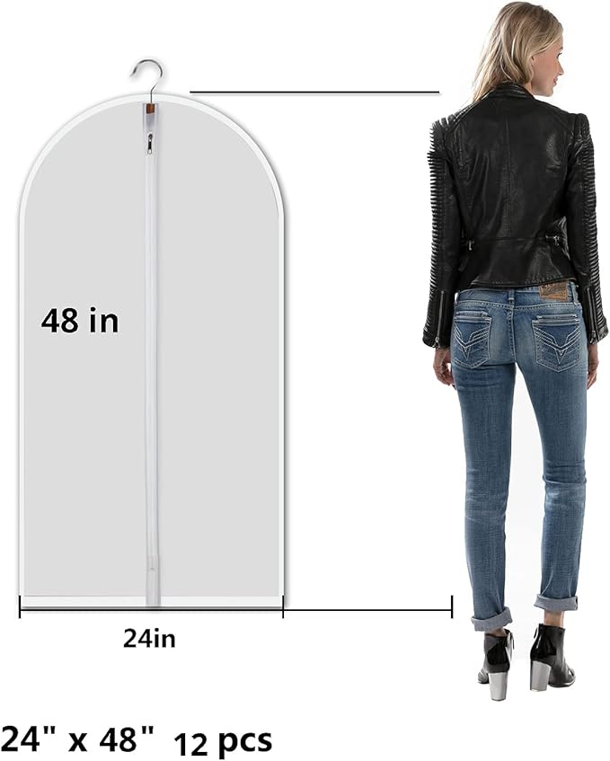 12 Pack Garment Bags for Hanging Clothes (24x48") - Dustproof Suit Bags - Durable PEVA Dress Covers with Sturdy Zipper for Coats, Jackets, Pants & Uniforms (Translucent)
