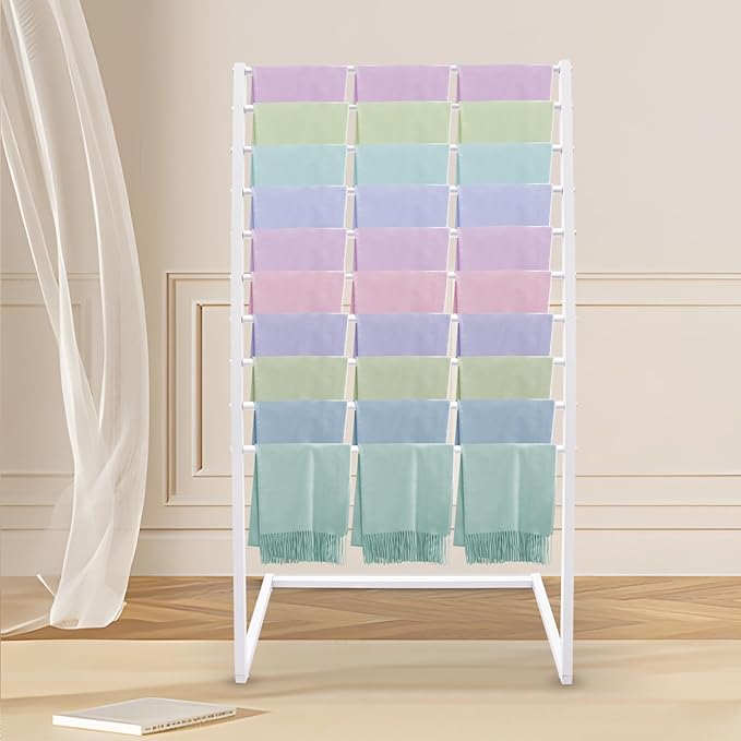 Scarf Display Stand, 10 Tier Metal Scarf Holder Organizer, Freestanding Scarf Rack, for Hanging Towels, Scarves, Clothes, Shawls, Blankets, Bandana, for Commercial Clothing Retail Store (White)