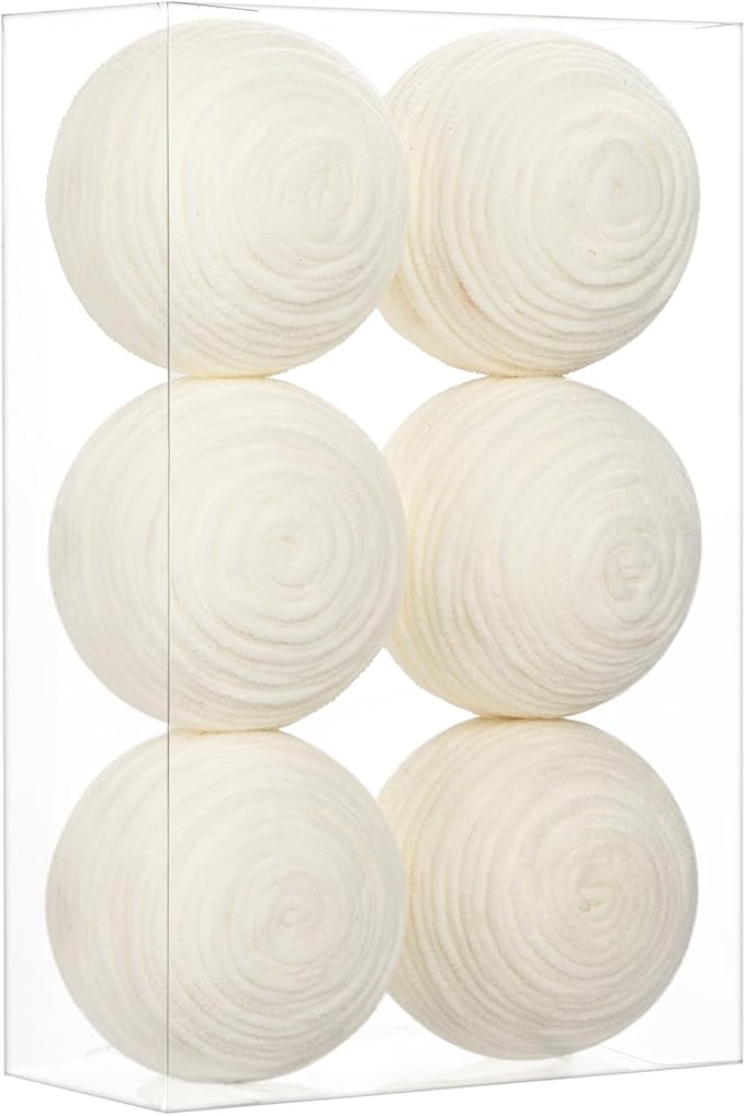 Briful 3.94'' White Christmas Ornament Balls, 6PCS Large Decorative Yarn Balls Xmas Tree Hanging Ornaments with Strings for Holiday Party Christmas Decor