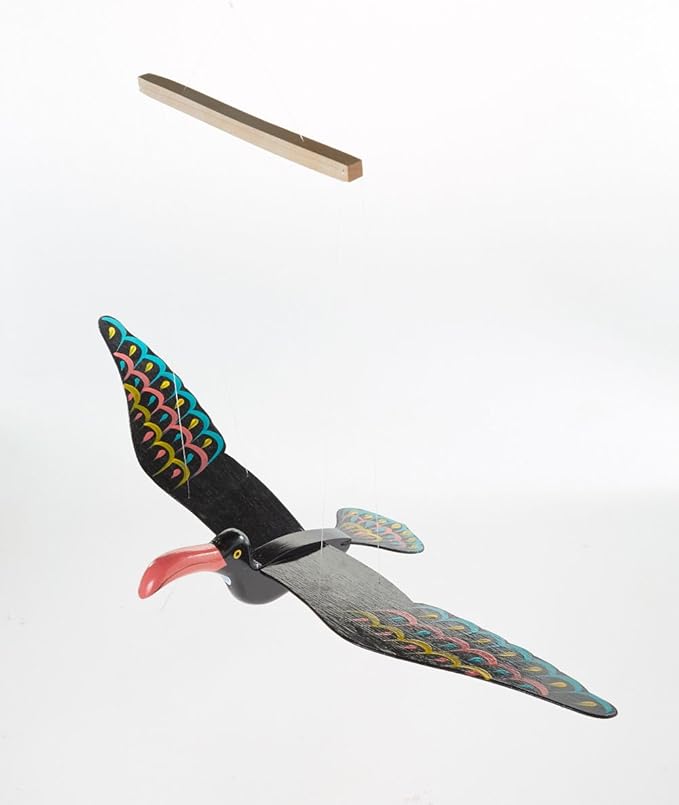 WitnyStore Wooden Bird Mobile 24" Black Long Red Beak Hand Made Painted Wood Flapping Wing Birds Hanging Ceiling Decor Wind Chimes Handcrafted Art Animal Decorative Collectibles Décor Gifts Souvenirs
