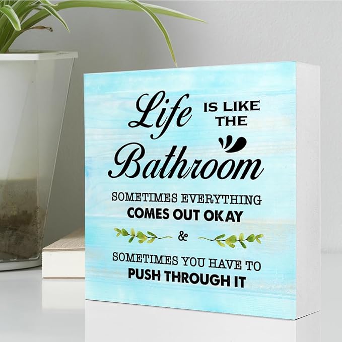 Blue Life is Like The Bathroom Wooden Box Sign Desk Decor,Funny Bathroom Wood Block Sign for Farmhouse Toilet Shelf Decor