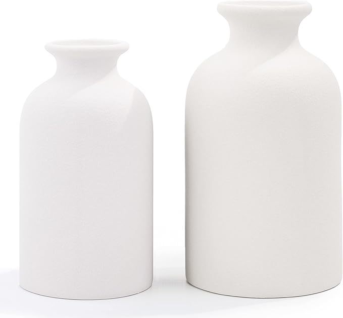 Hirdbrote Small Ceramic Vases for Decor, 2-Piece Set - Flower Vases, Modern Farmhouse & Rustic Home Decor, Wedding & Kitchen Centerpiece (5.5' & 4.7' Tall) (White)