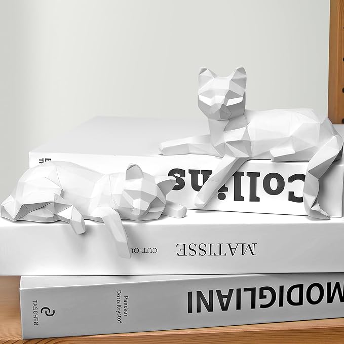 Bookshelf Decor Cat Statue, Modern Geometric Cat Figurines for Living Room Office Shelves Coffee Table Desk Decor – Set of 2 Minimalist Animal Statues (White)