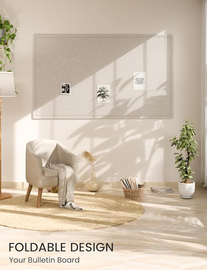Fluxynara Large Bulletin Board, 59" x 35.4" Cork Board Alternative with 24 Safe Removable Adhesive Tabs, Foldable Felt Pin Board for Home Office, Classroom, Bedroom,Entryway for Walls—Oatmeal