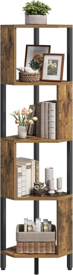 YATINEY 5-Tier Corner Shelf, Industrial Corner Storage Stand, Corner Bookshelf with Metal Frame, Freestanding Corner Shelf Stand for Living Room, Study, Bedroom, Rustic Brown and Black CJ11BR