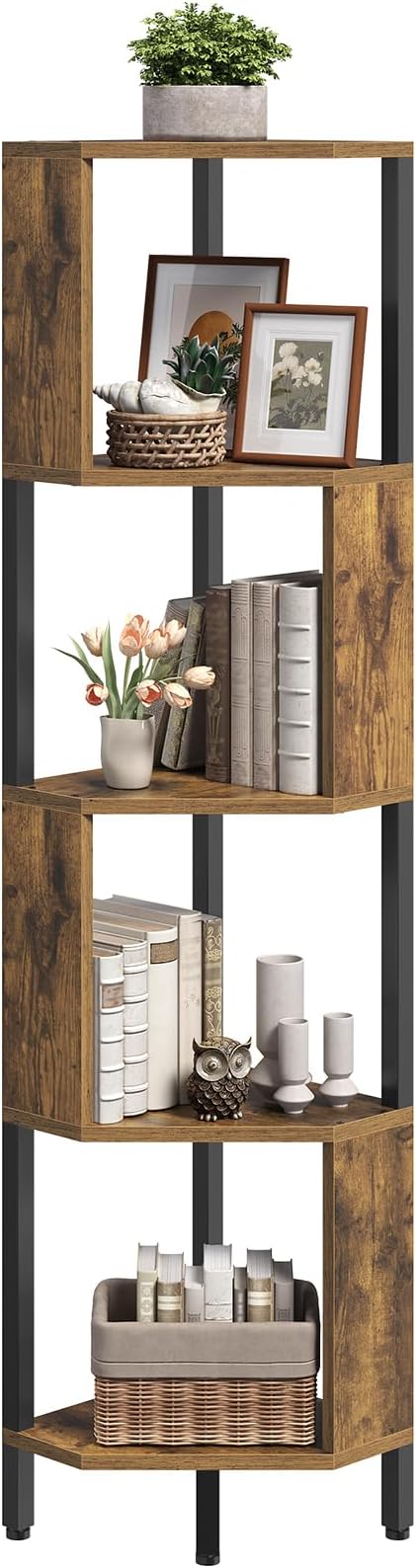 YATINEY 5-Tier Corner Shelf, Industrial Corner Storage Stand, Corner Bookshelf with Metal Frame, Freestanding Corner Shelf Stand for Living Room, Study, Bedroom, Rustic Brown and Black CJ11BR