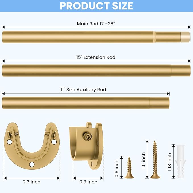 Closet Rods for Hanging Clothes, 17 to 99 Inch Heavy Duty Stepless Adjustable Closet Hanging Rod, 1.3 Inch Diameter Metal Closet Rod for Wardrobes Laundry Bedroom RV, Gold