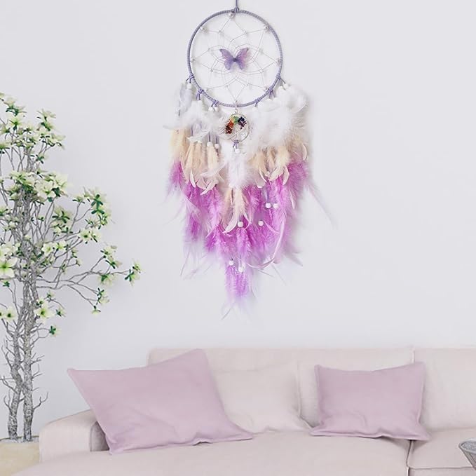 Purple Dream Catcher Wall Decor Feather Dream Catchers with Crystal Tree of Life Pendant Handmade Dreamcatcher Wall Hanging Ornament for Bedroom Living Room Home Decor