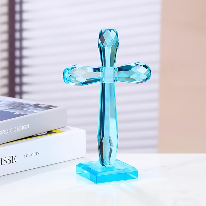 YWHL Handmade Crystal Holy Cross Decor, Religious Gifts for Women Men, Easter Pary Decor, Glass Art Collectible Figurines for Home Table (Lake Blue)